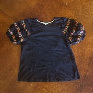 Boden Plus 100% Cotton Navy Blue Embroidered Puff 3/4 Sleeve Blouse Size 12